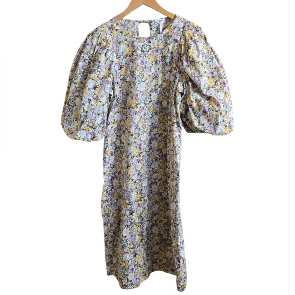 Object Women's 100% Cotton Pastel Floral Puff Sleeve Midi Dress. Size 36/Small
